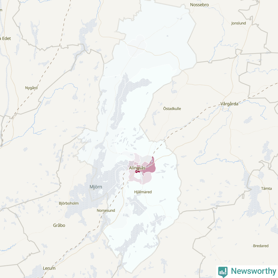 Karta som visar antalet cykelstölder i olika delar av Alingsås kommun, även i tabell nedan