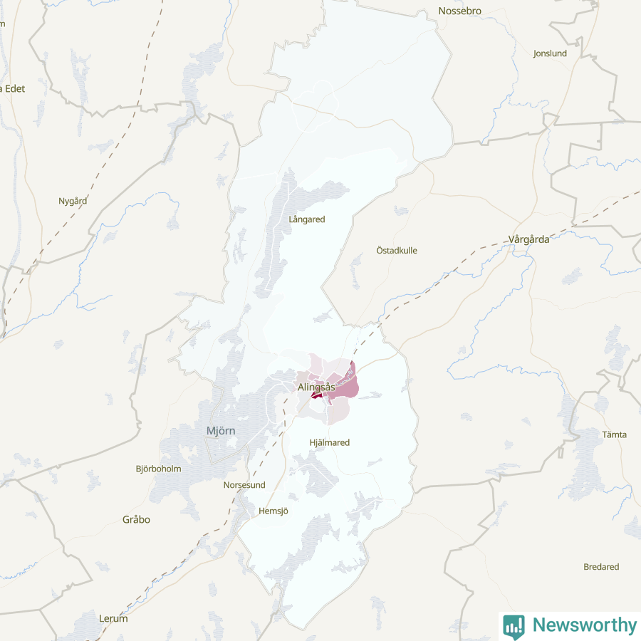 Karta som visar antalet cykelstölder i olika delar av Alingsås kommun, även i tabell nedan