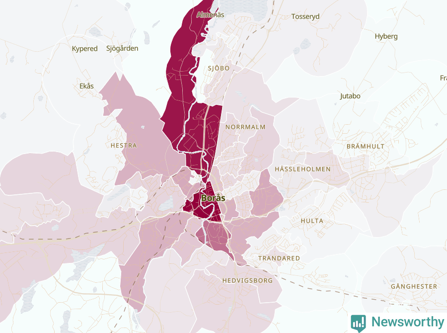 Karta som visar antalet cykelstölder i olika delar av Borås, se tabell ovan