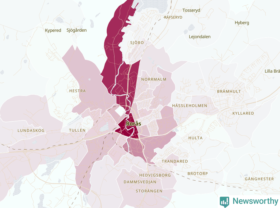 Karta som visar antalet cykelstölder i olika delar av Borås, se tabell ovan