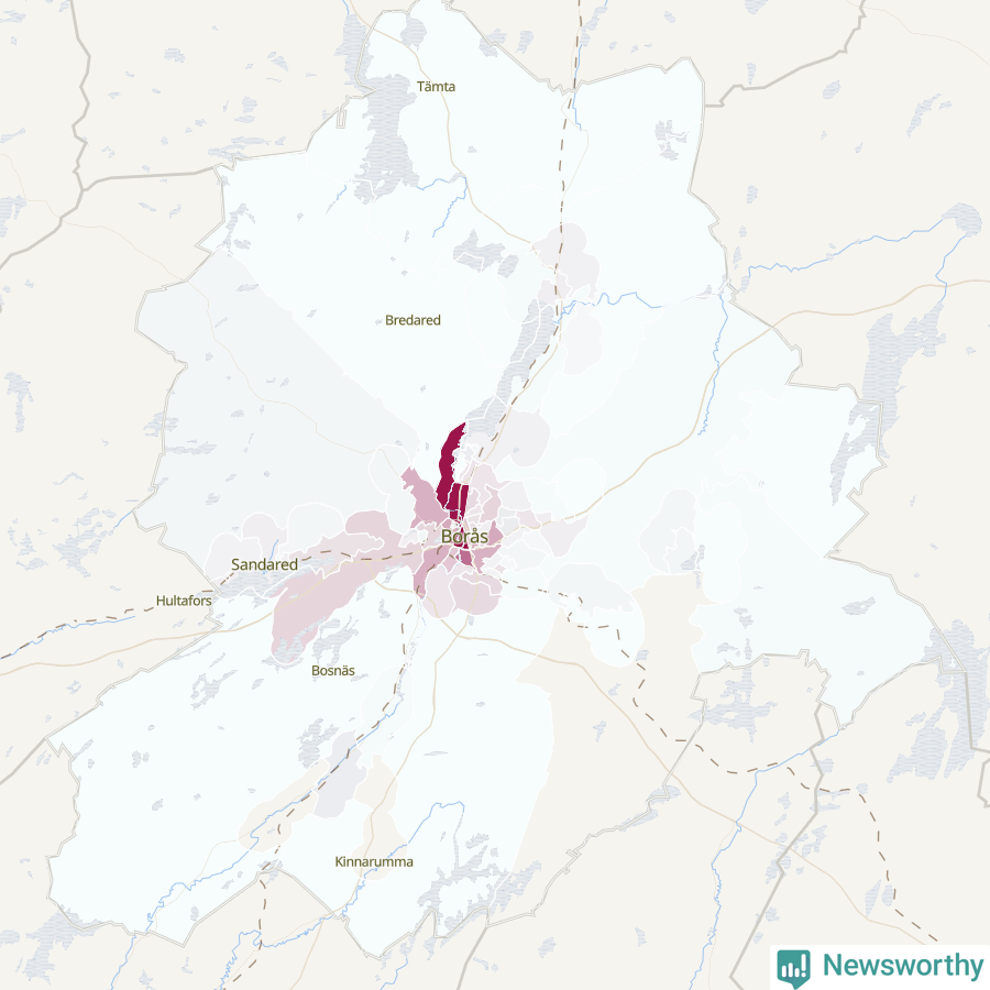 Karta som visar antalet cykelstölder i olika delar av Borås kommun, även i tabell nedan