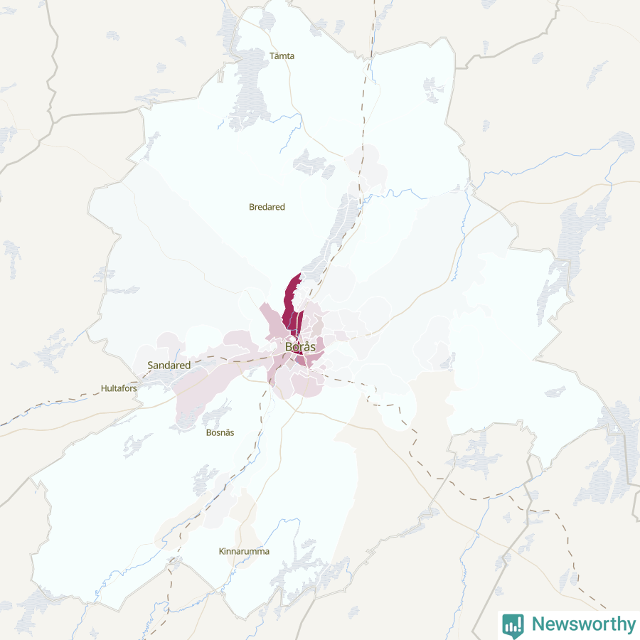 Karta som visar antalet cykelstölder i olika delar av Borås kommun, även i tabell nedan