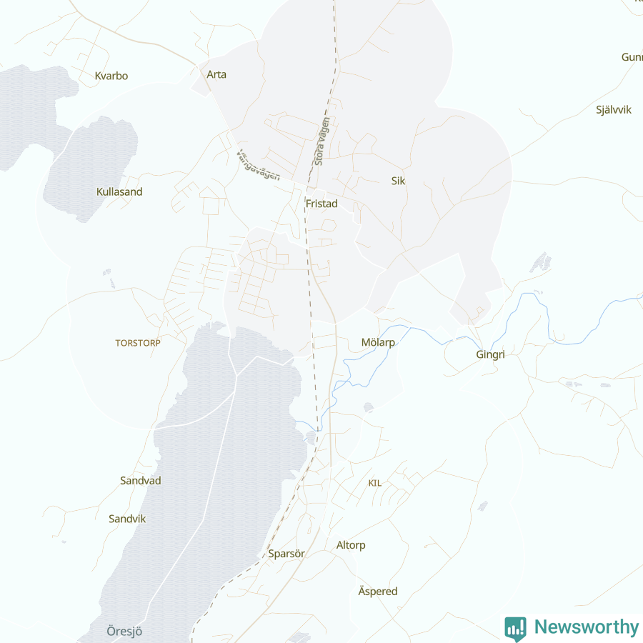 Karta som visar antalet cykelstölder i olika delar av Fristad, se tabell ovan
