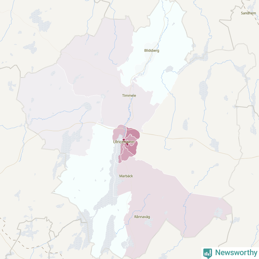 Karta som visar antalet cykelstölder i olika delar av Ulricehamns kommun, även i tabell nedan