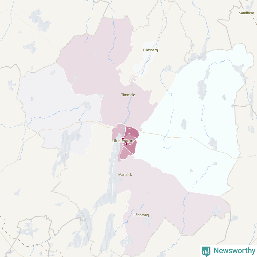 Karta som visar antalet cykelstölder i olika delar av Ulricehamns kommun, även i tabell nedan