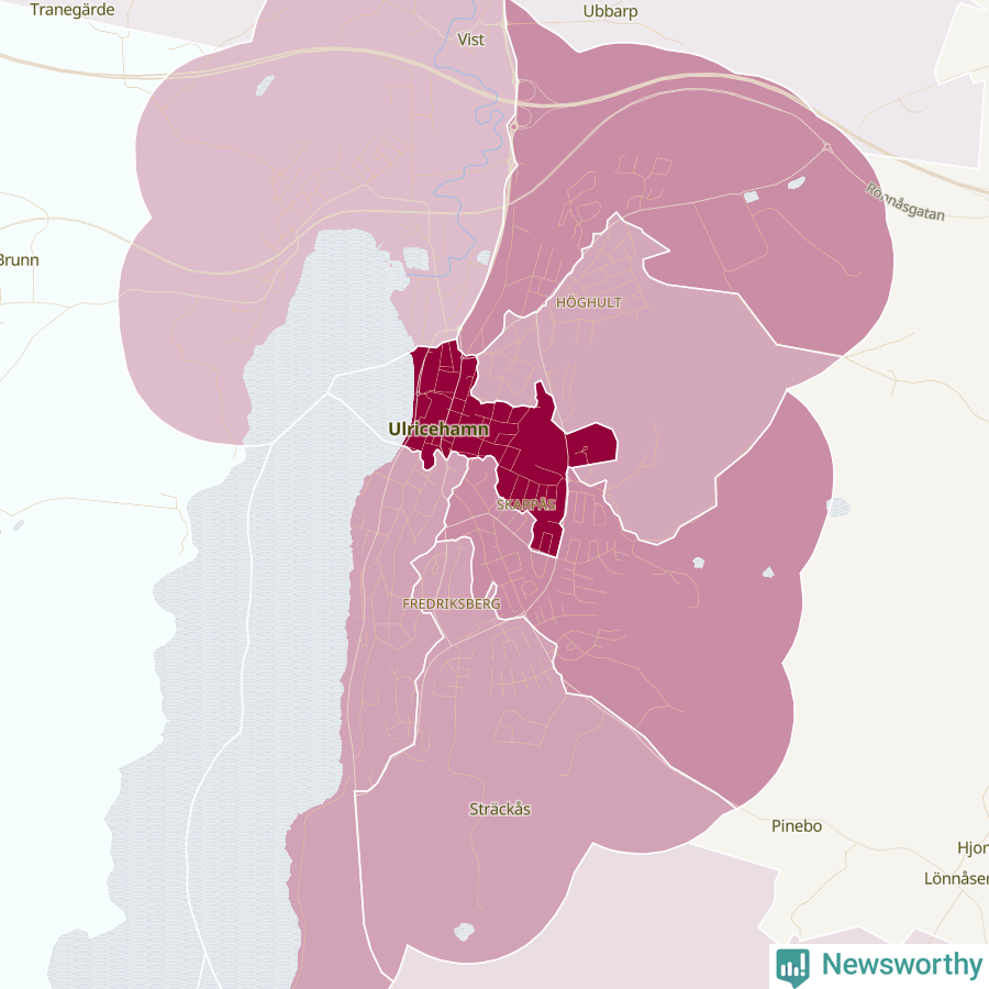 Karta som visar antalet cykelstölder i olika delar av Ulricehamn, se tabell ovan