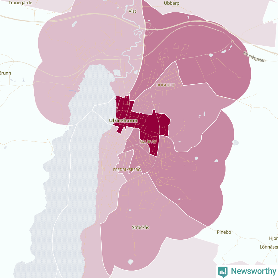 Karta som visar antalet cykelstölder i olika delar av Ulricehamn, se tabell ovan