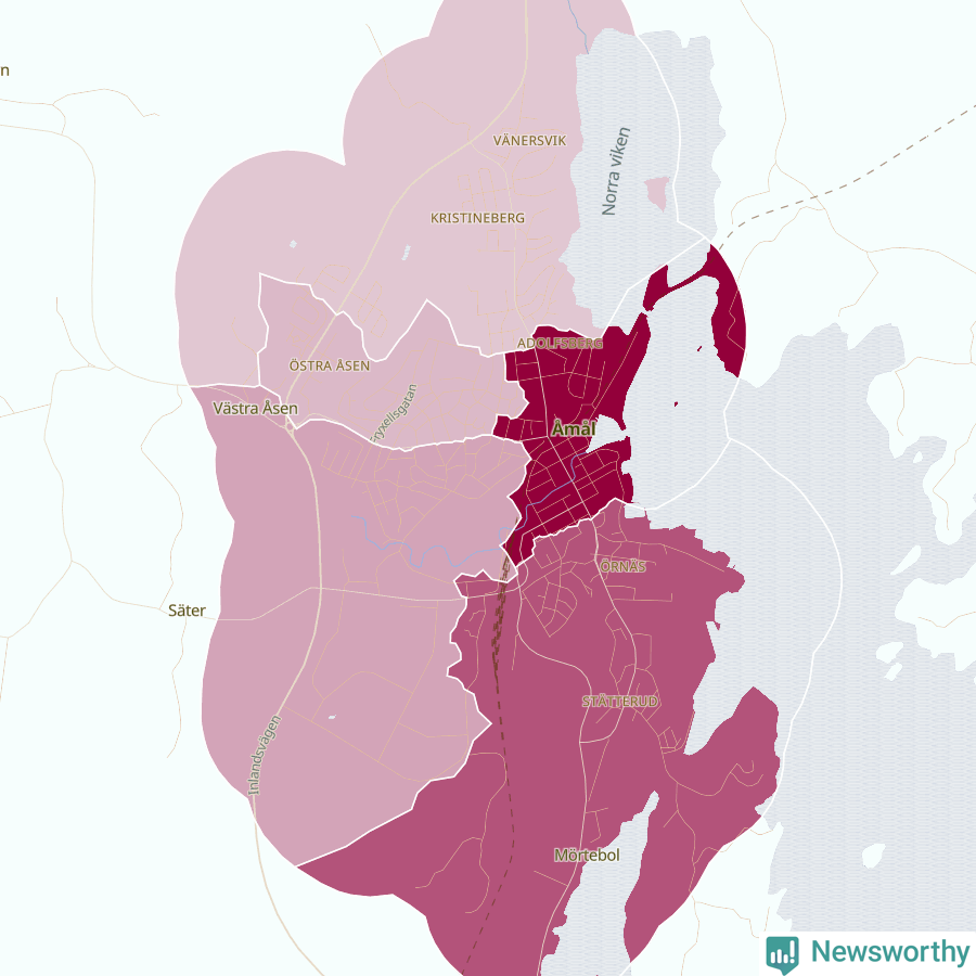 Karta som visar antalet cykelstölder i olika delar av Åmål, se tabell ovan