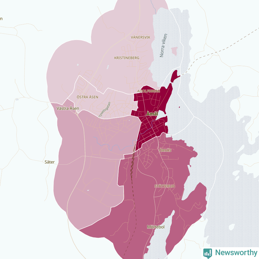 Karta som visar antalet cykelstölder i olika delar av Åmål, se tabell ovan