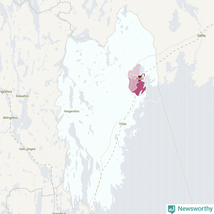 Karta som visar antalet cykelstölder i olika delar av Åmåls kommun, även i tabell nedan