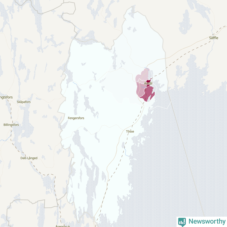 Karta som visar antalet cykelstölder i olika delar av Åmåls kommun, även i tabell nedan