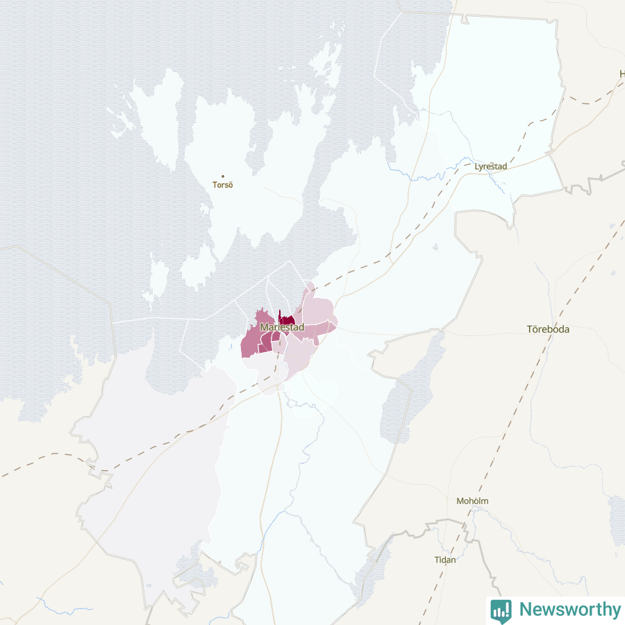 Karta som visar antalet cykelstölder i olika delar av Mariestads kommun, även i tabell nedan