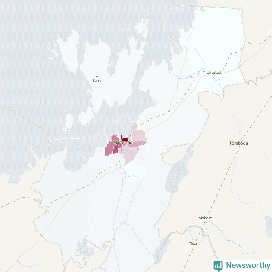 Karta som visar antalet cykelstölder i olika delar av Mariestads kommun, även i tabell nedan