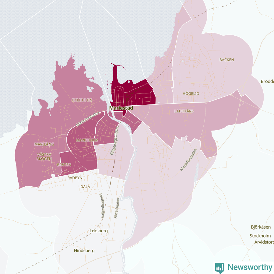 Karta som visar antalet cykelstölder i olika delar av Mariestad, se tabell ovan