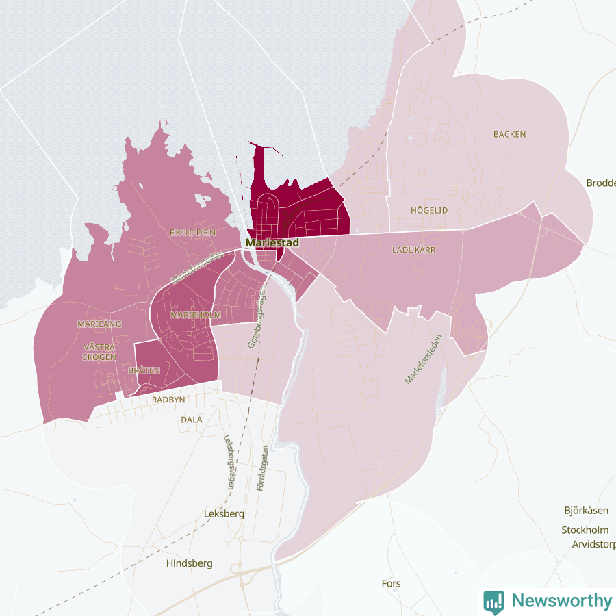 Karta som visar antalet cykelstölder i olika delar av Mariestad, se tabell ovan