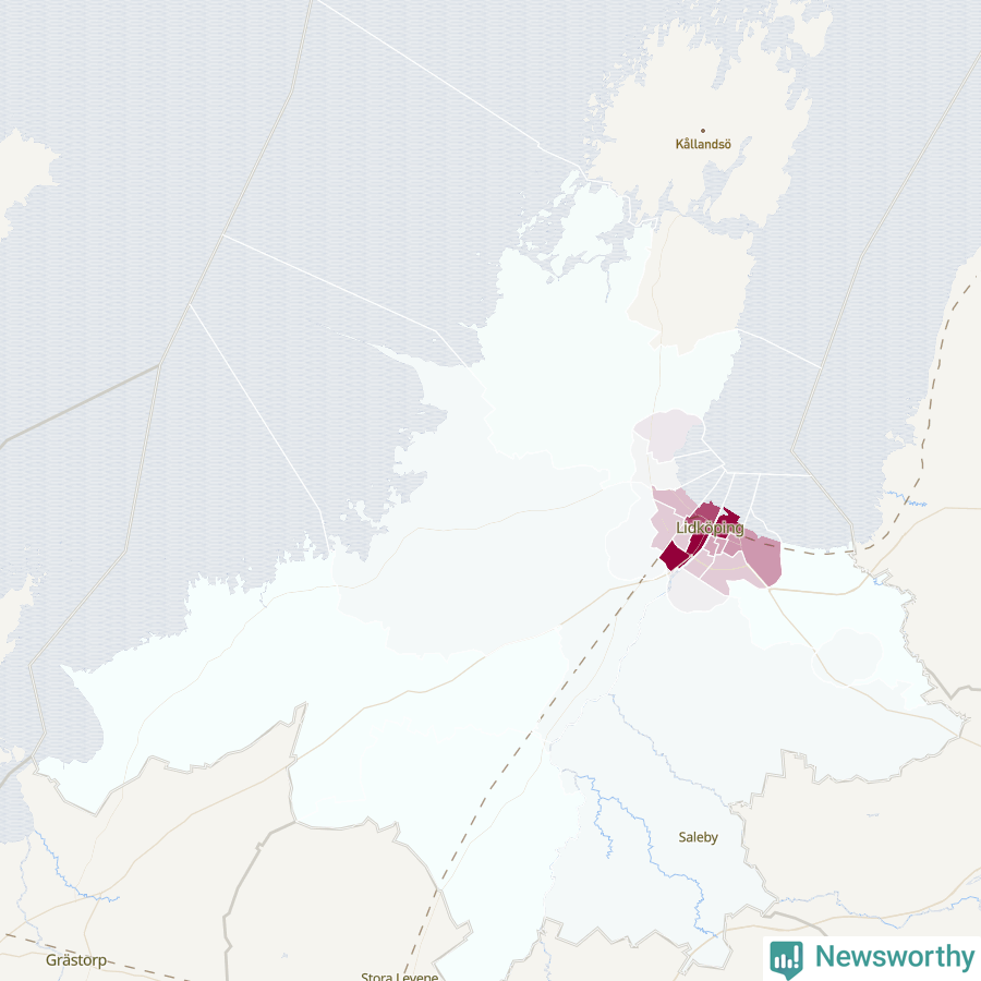Karta som visar antalet cykelstölder i olika delar av Lidköpings kommun, även i tabell nedan