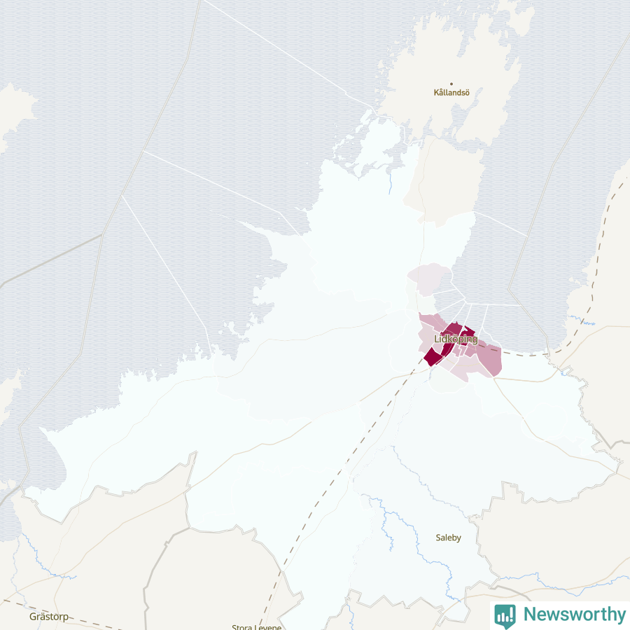Karta som visar antalet cykelstölder i olika delar av Lidköpings kommun, även i tabell nedan