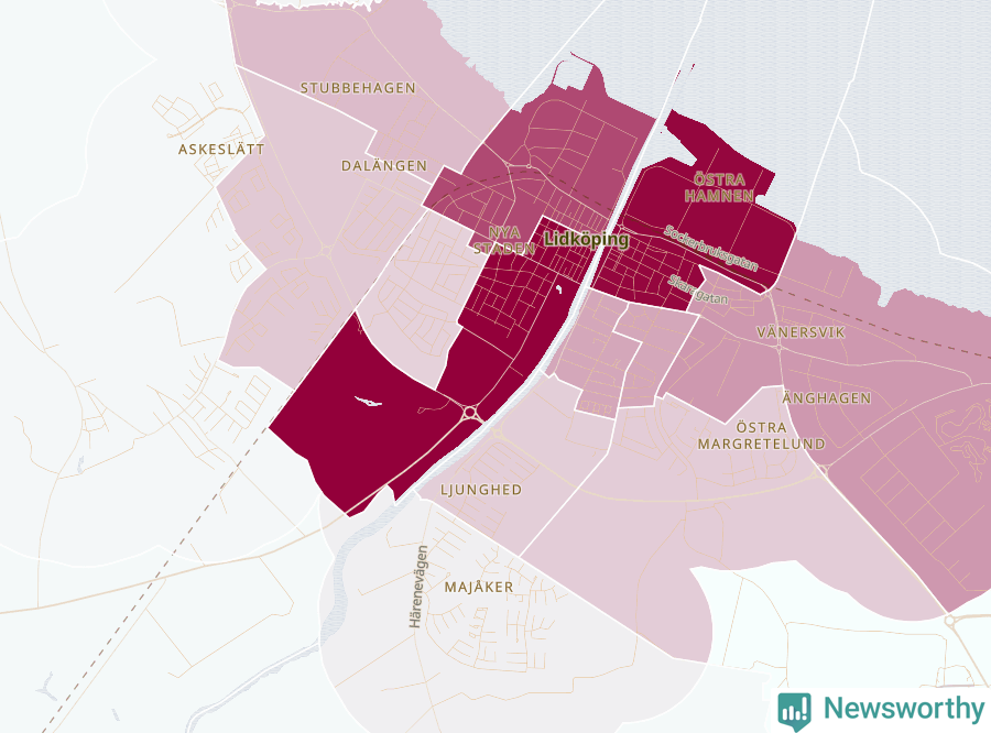 Karta som visar antalet cykelstölder i olika delar av Lidköping, se tabell ovan