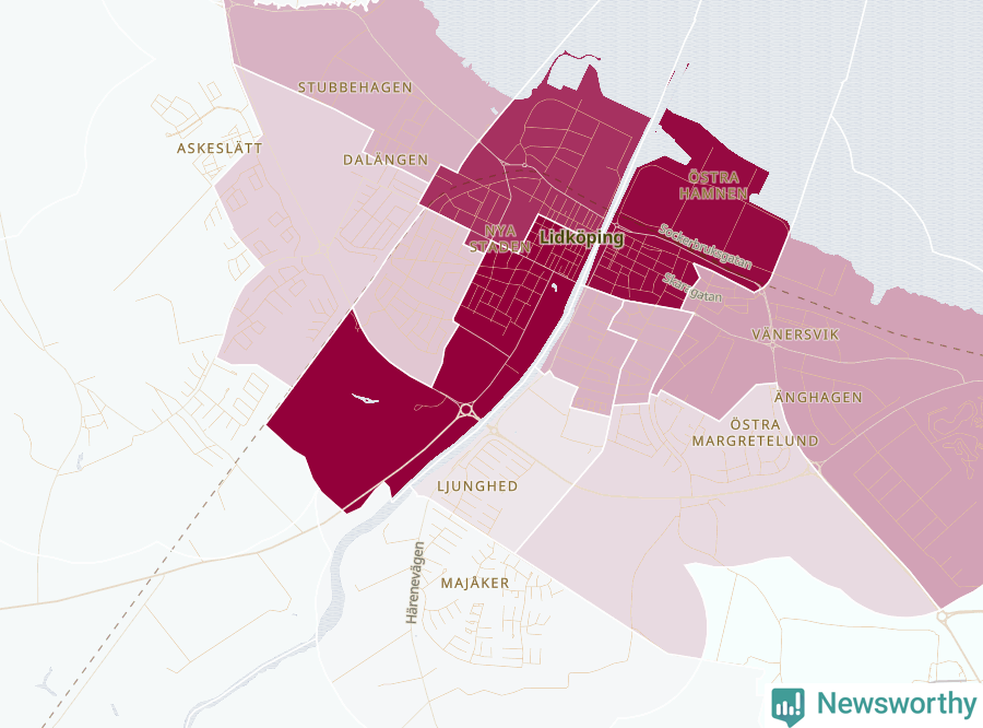 Karta som visar antalet cykelstölder i olika delar av Lidköping, se tabell ovan