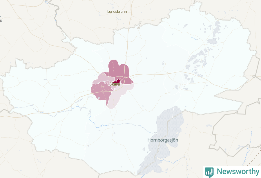 Karta som visar antalet cykelstölder i olika delar av Skara kommun, även i tabell nedan