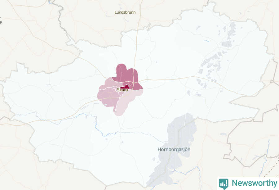 Karta som visar antalet cykelstölder i olika delar av Skara kommun, även i tabell nedan