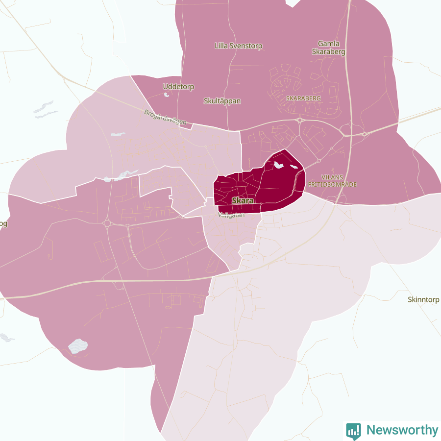Karta som visar antalet cykelstölder i olika delar av Skara, se tabell ovan