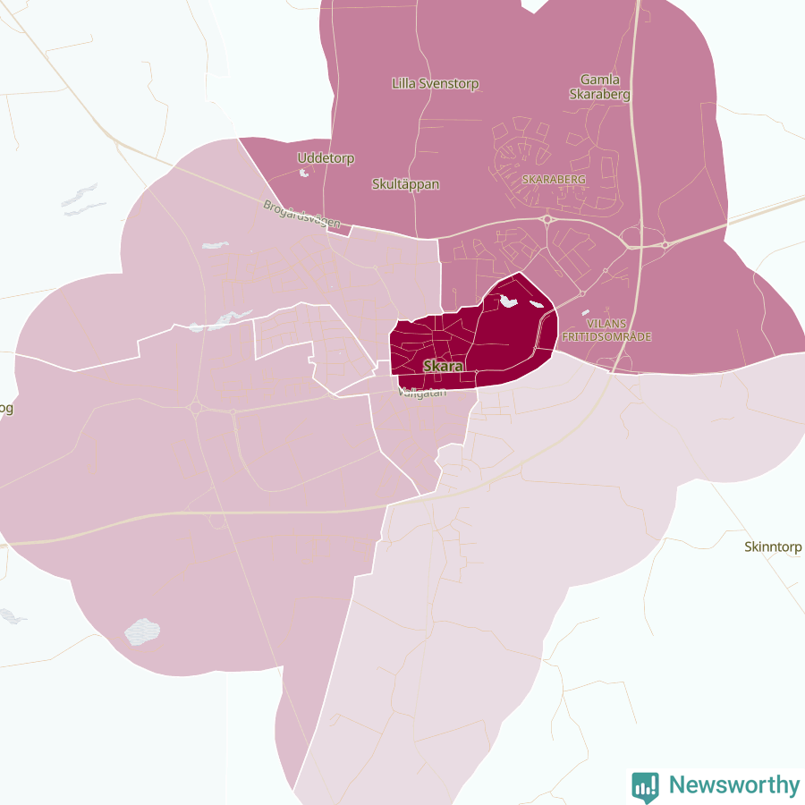 Karta som visar antalet cykelstölder i olika delar av Skara, se tabell ovan