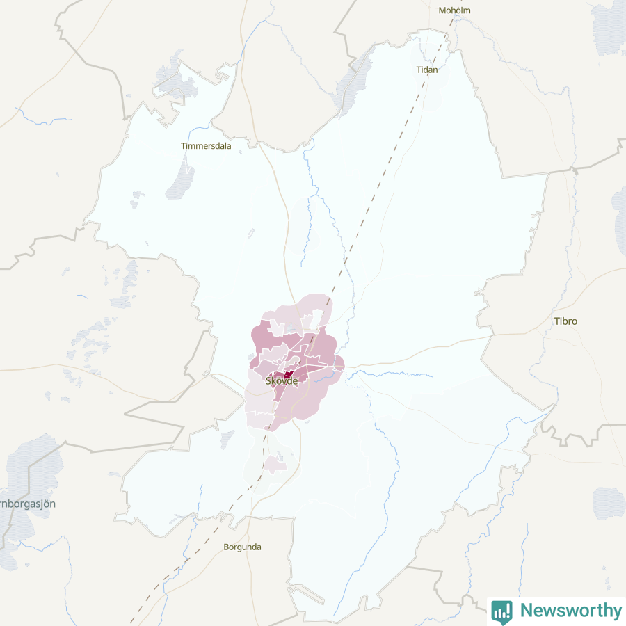 Karta som visar antalet cykelstölder i olika delar av Skövde kommun, även i tabell nedan