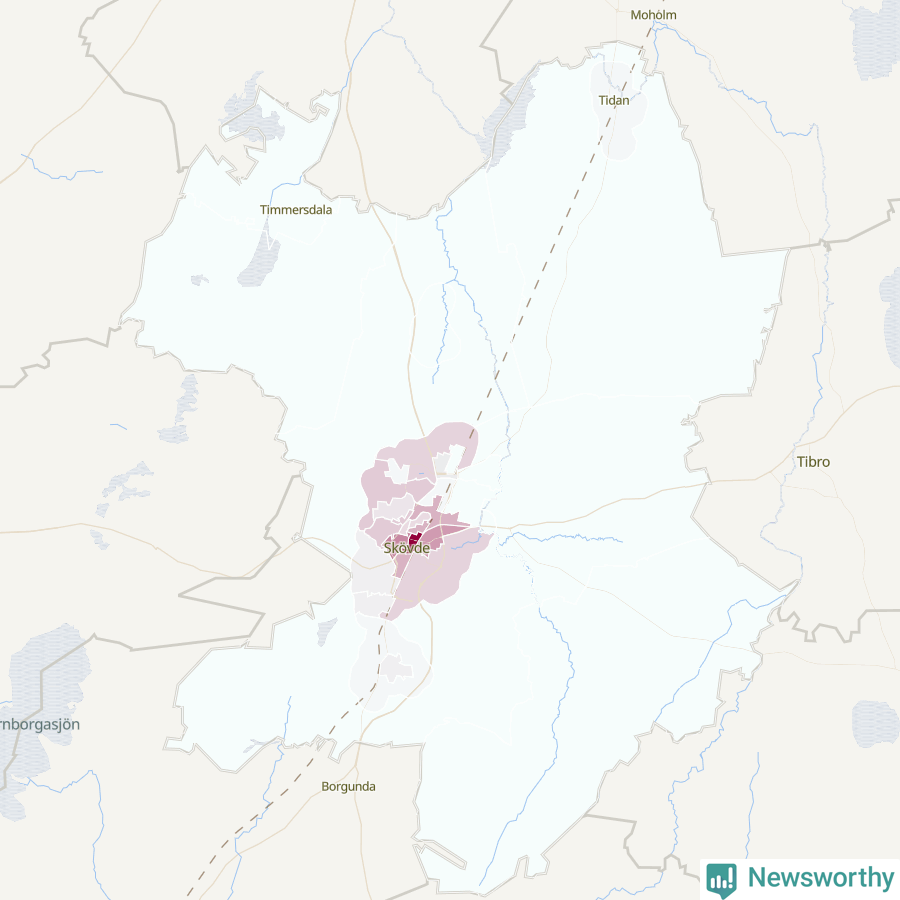 Karta som visar antalet cykelstölder i olika delar av Skövde kommun, även i tabell nedan