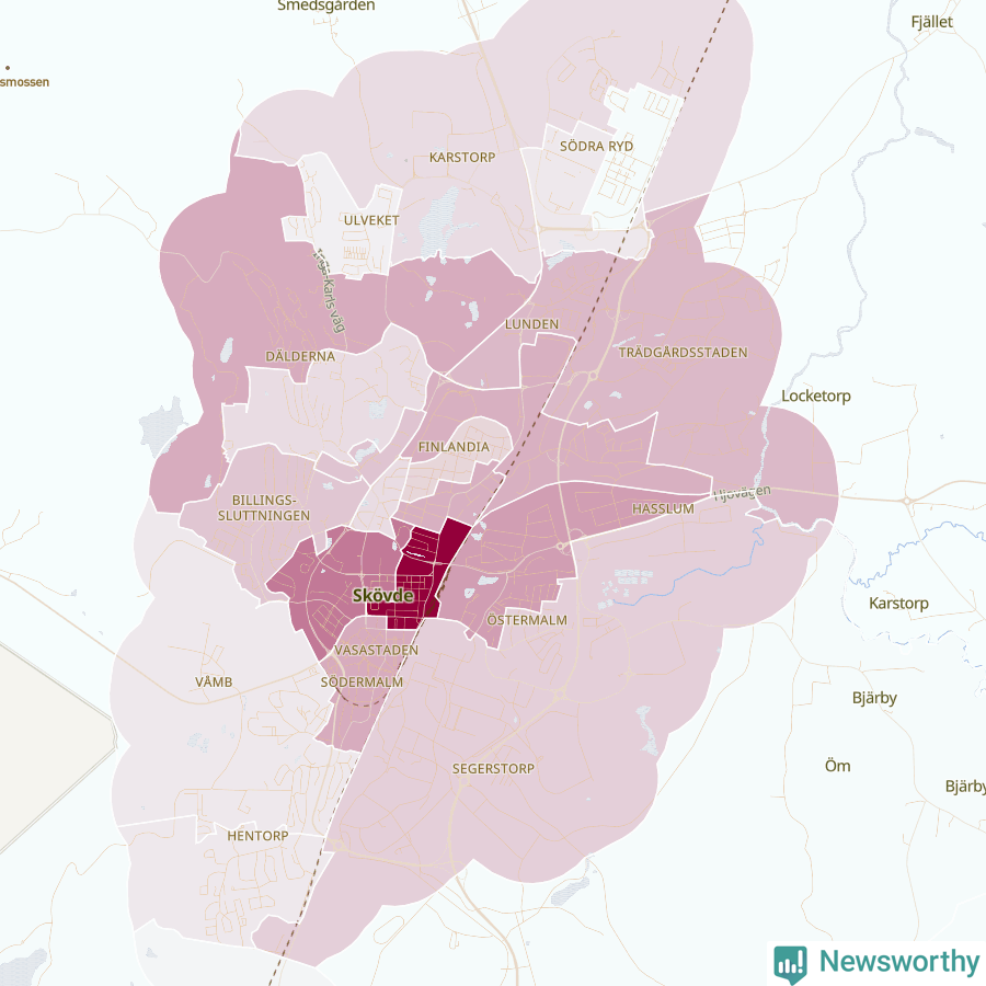 Karta som visar antalet cykelstölder i olika delar av Skövde, se tabell ovan