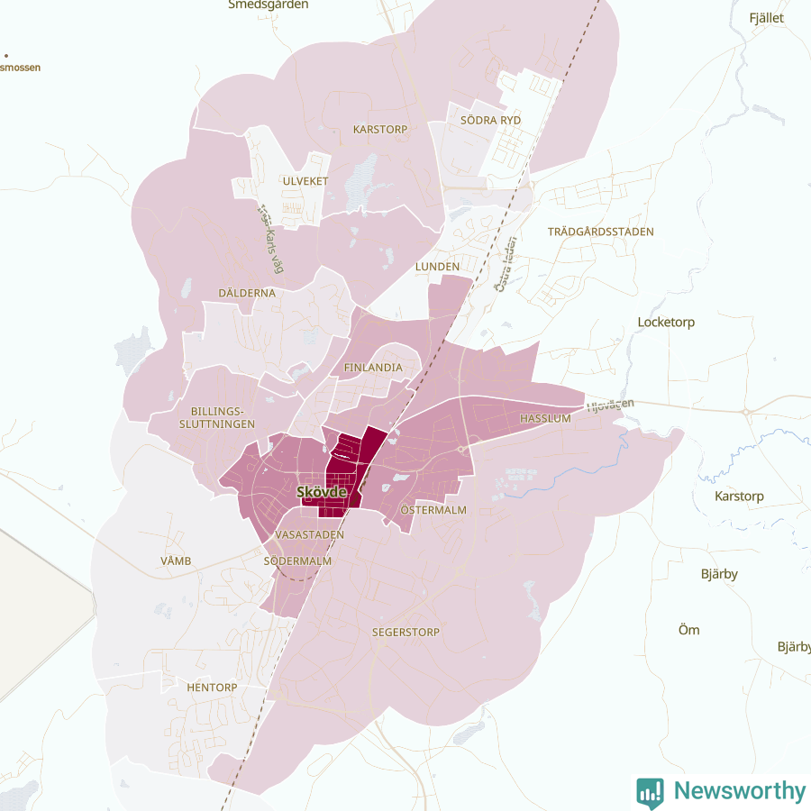 Karta som visar antalet cykelstölder i olika delar av Skövde, se tabell ovan