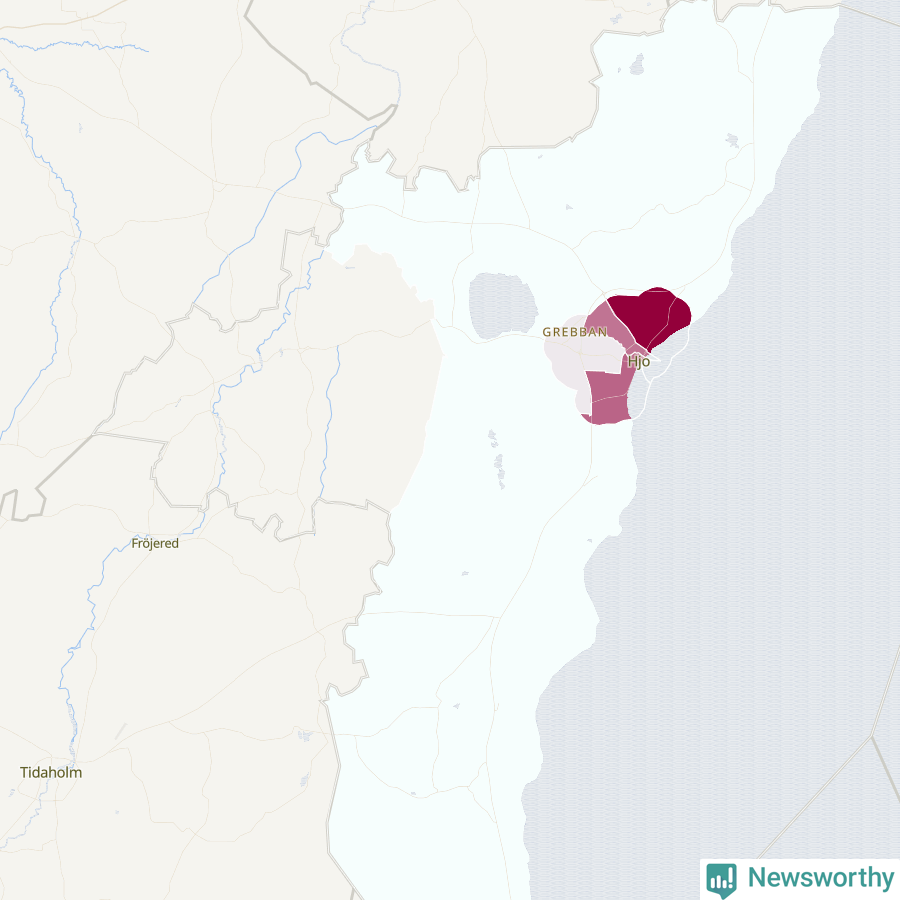 Karta som visar antalet cykelstölder i olika delar av Hjo kommun, även i tabell nedan
