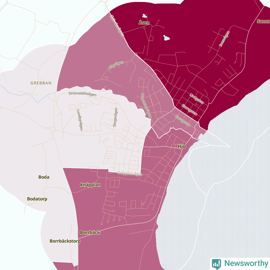 Karta som visar antalet cykelstölder i olika delar av Hjo, se tabell ovan