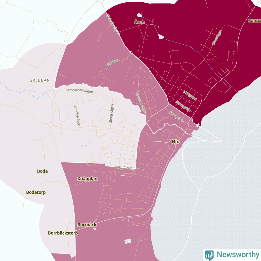 Karta som visar antalet cykelstölder i olika delar av Hjo, se tabell ovan