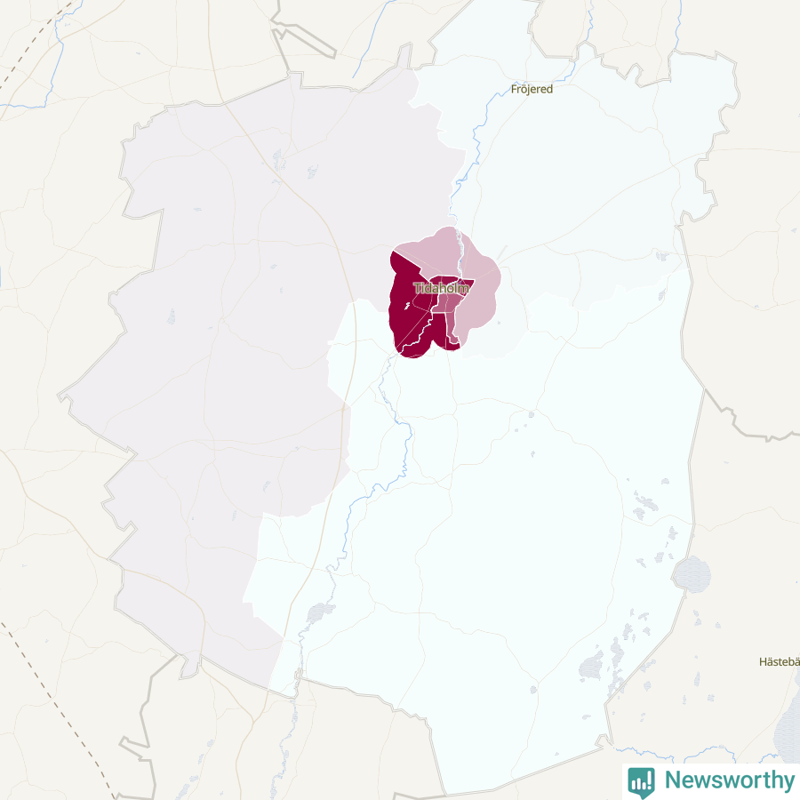 Karta som visar antalet cykelstölder i olika delar av Tidaholms kommun, även i tabell nedan