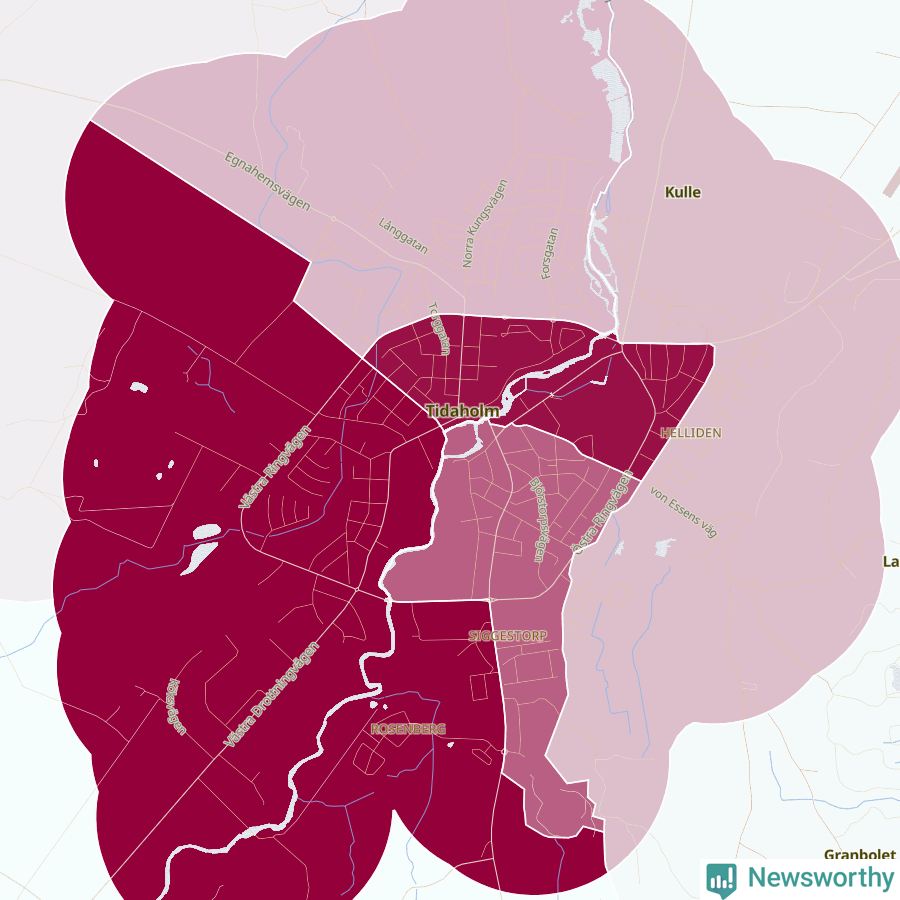 Karta som visar antalet cykelstölder i olika delar av Tidaholm, se tabell ovan