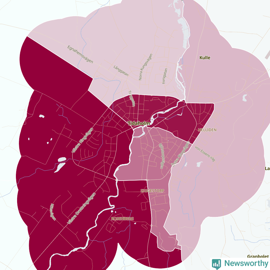 Karta som visar antalet cykelstölder i olika delar av Tidaholm, se tabell ovan