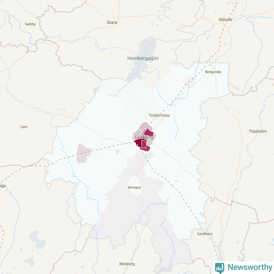 Karta som visar antalet cykelstölder i olika delar av Falköpings kommun, även i tabell nedan