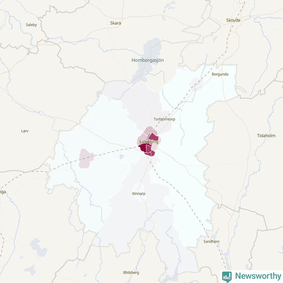 Karta som visar antalet cykelstölder i olika delar av Falköpings kommun, även i tabell nedan
