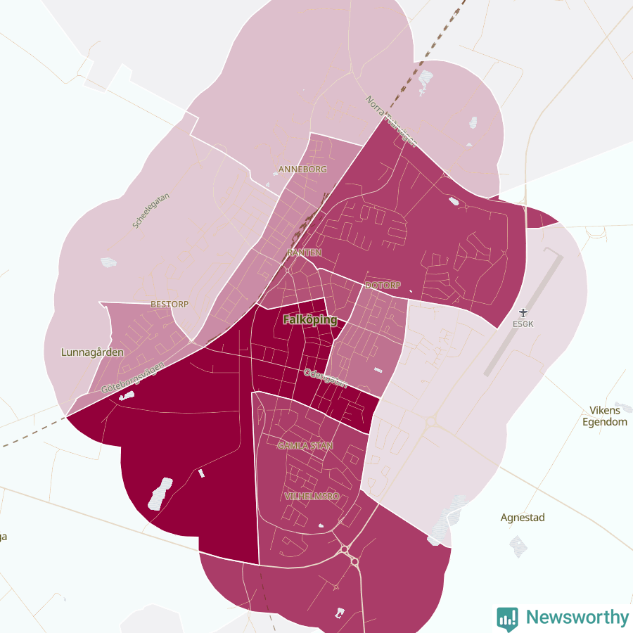 Karta som visar antalet cykelstölder i olika delar av Falköping, se tabell ovan