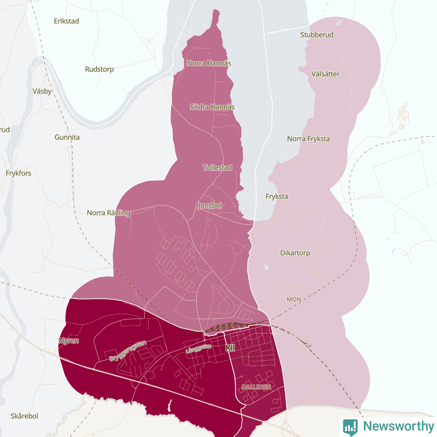 Karta som visar antalet cykelstölder i olika delar av Kil, se tabell ovan