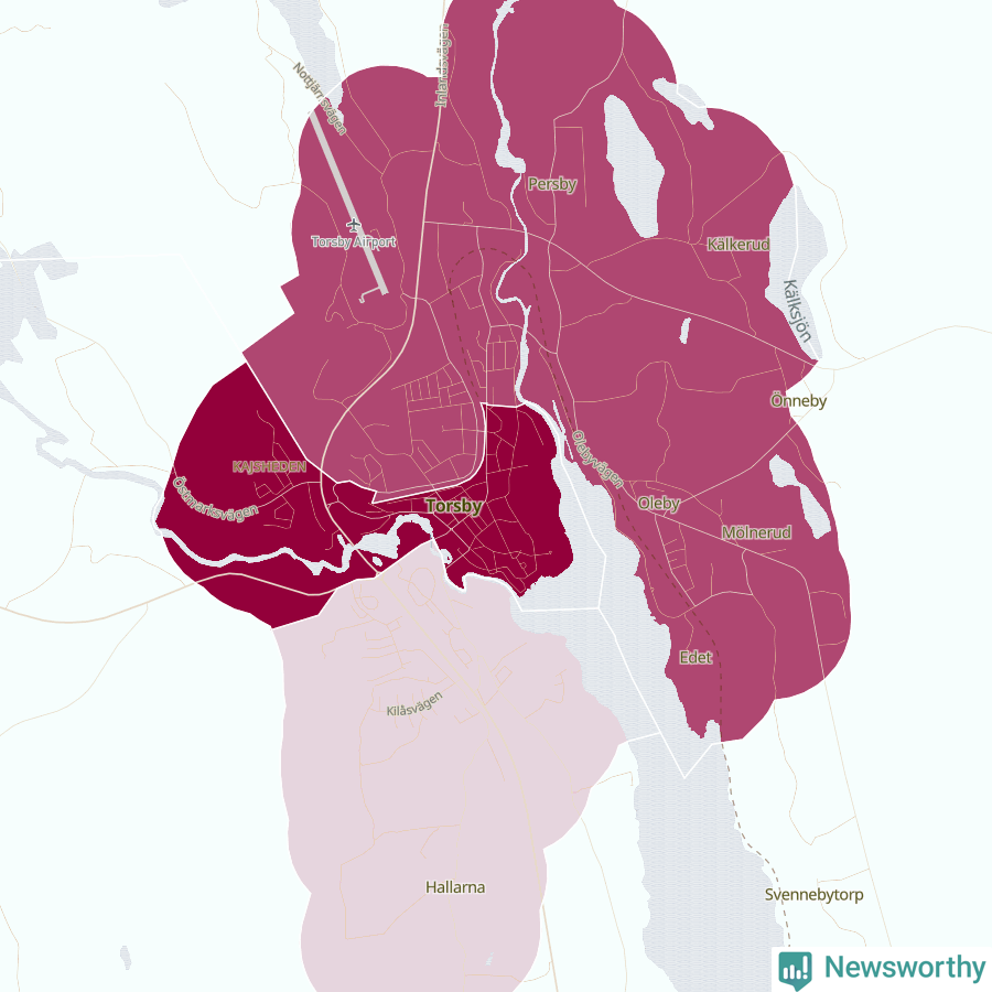 Karta som visar antalet cykelstölder i olika delar av Torsby, se tabell ovan