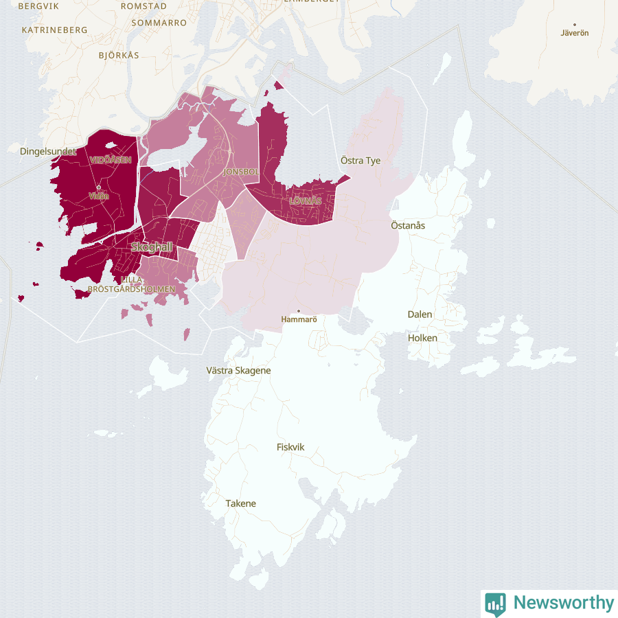 Karta som visar antalet cykelstölder i olika delar av Hammarö kommun, även i tabell nedan