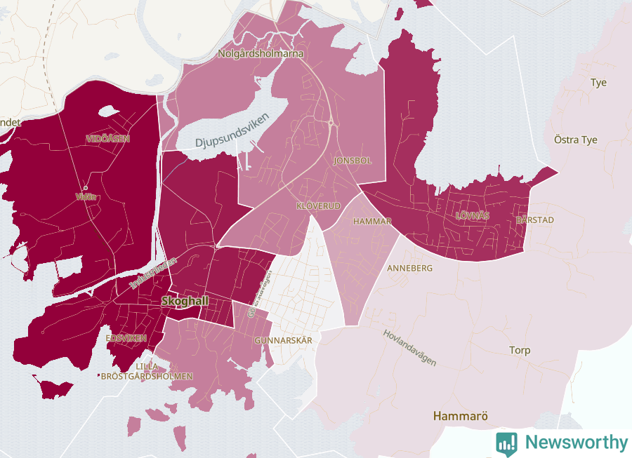 Karta som visar antalet cykelstölder i olika delar av Skoghall, se tabell ovan