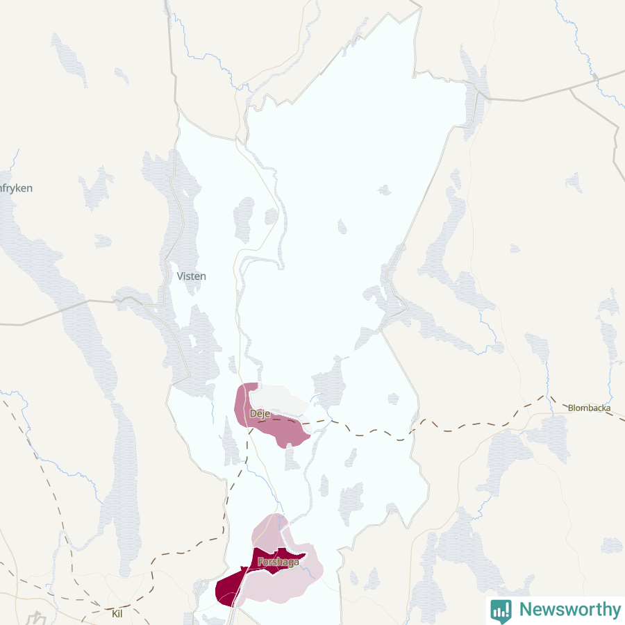 Karta som visar antalet cykelstölder i olika delar av Forshaga kommun, även i tabell nedan