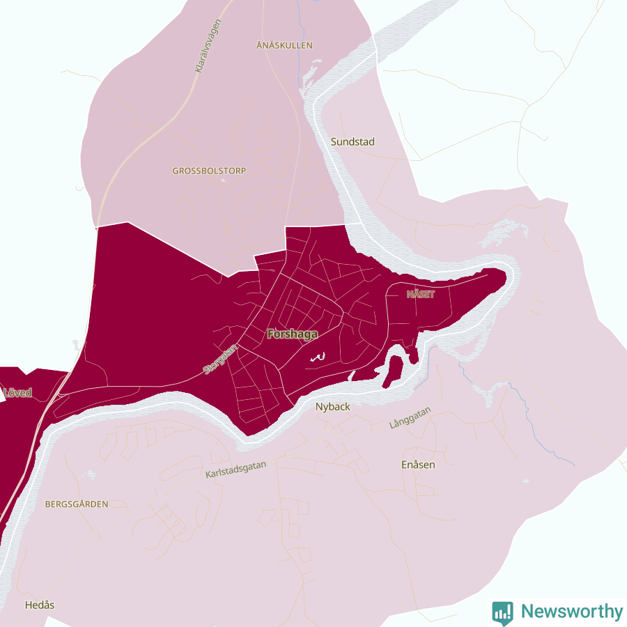 Karta som visar antalet cykelstölder i olika delar av Forshaga, se tabell ovan