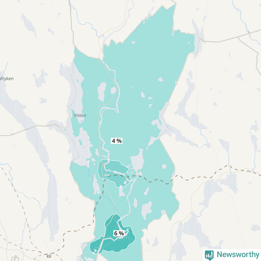 Karta över andel av befolkningensom är mellan 0 och 4 år per område i Forshaga 2024.