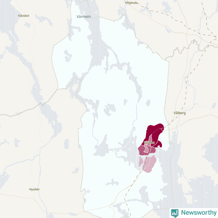 Karta som visar antalet cykelstölder i olika delar av Grums kommun, även i tabell nedan