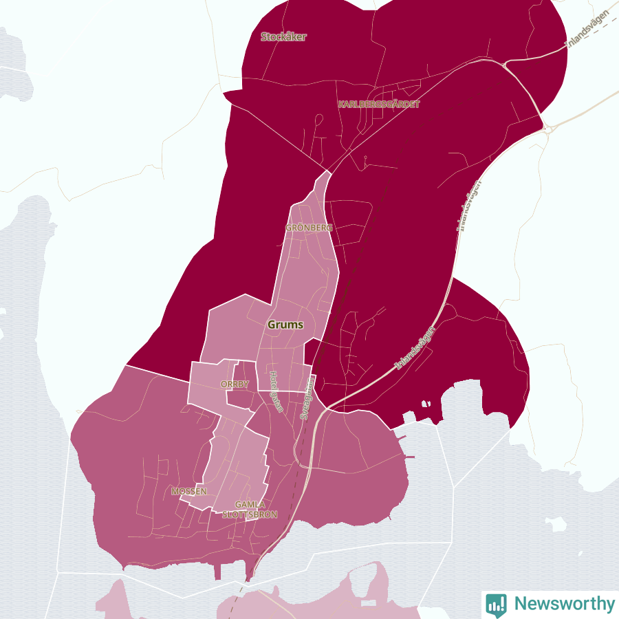 Karta som visar antalet cykelstölder i olika delar av Grums, se tabell ovan