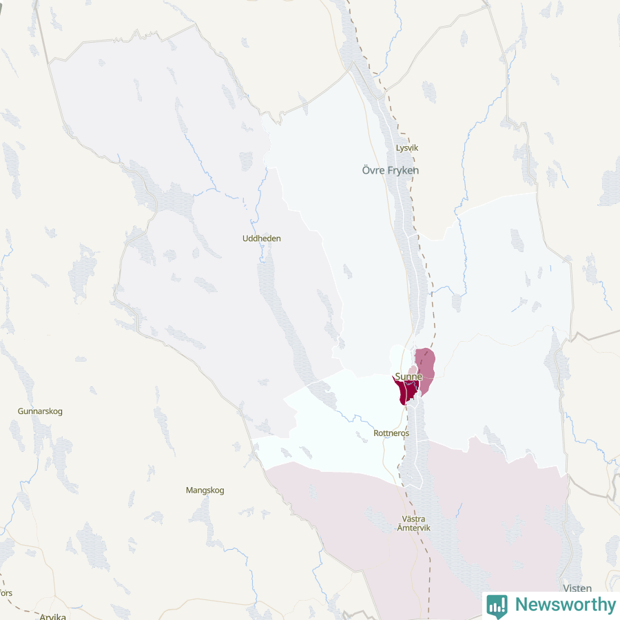 Karta som visar antalet cykelstölder i olika delar av Sunne kommun, även i tabell nedan